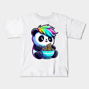 Panda with Rainbow Hair Eating Ramen Kids T-Shirt